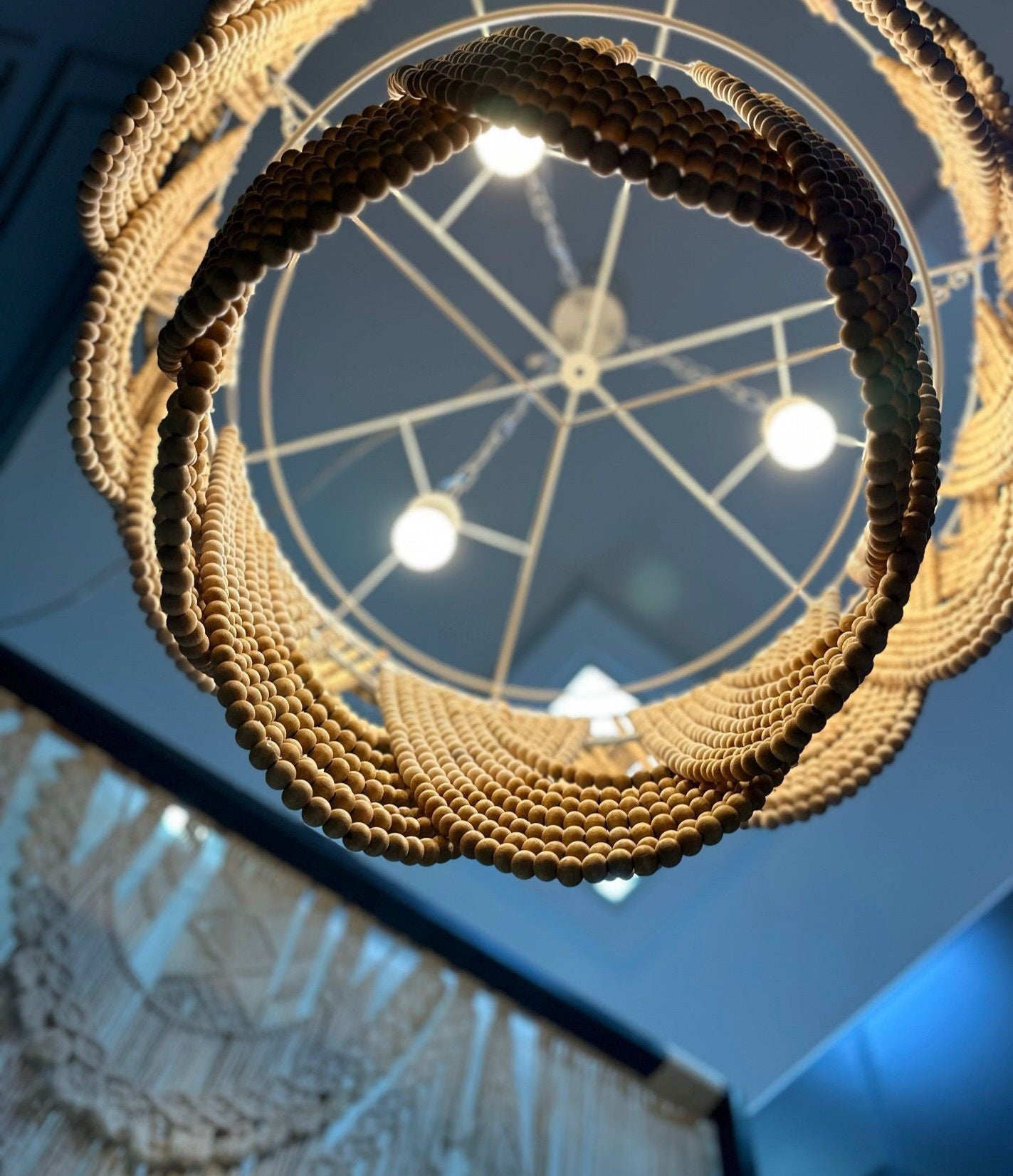 Wooden Bead Chandelier, Beach House Light, Nordic Style Light, Living Room Lamp, Modern Boho Pendant Light, Unique Ceiling Light, Boho Decor