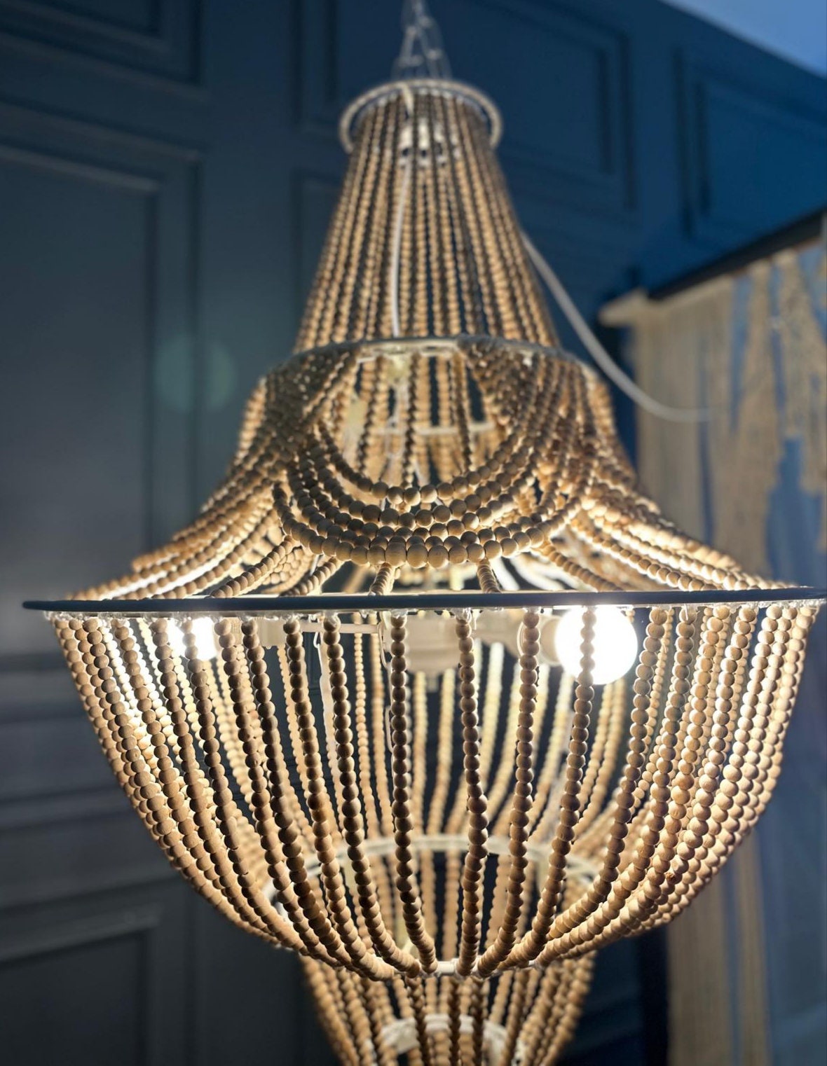 Modern Boho Light, Wood Bead Pendant Light, Beach House Light, Rustic Chandelier, Outdoor Lighting, Christmas Gift, Farmhouse Lighting,