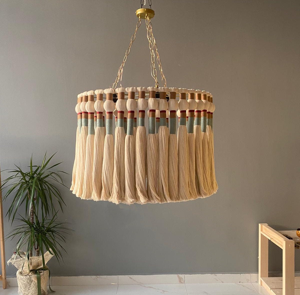 Tassel Chandelier, Macrame Pendant Light, Cotton Fringe Chandelier, Rustic Lampshade, Modern Boho Light, Living Room Light, Christmas gift,
