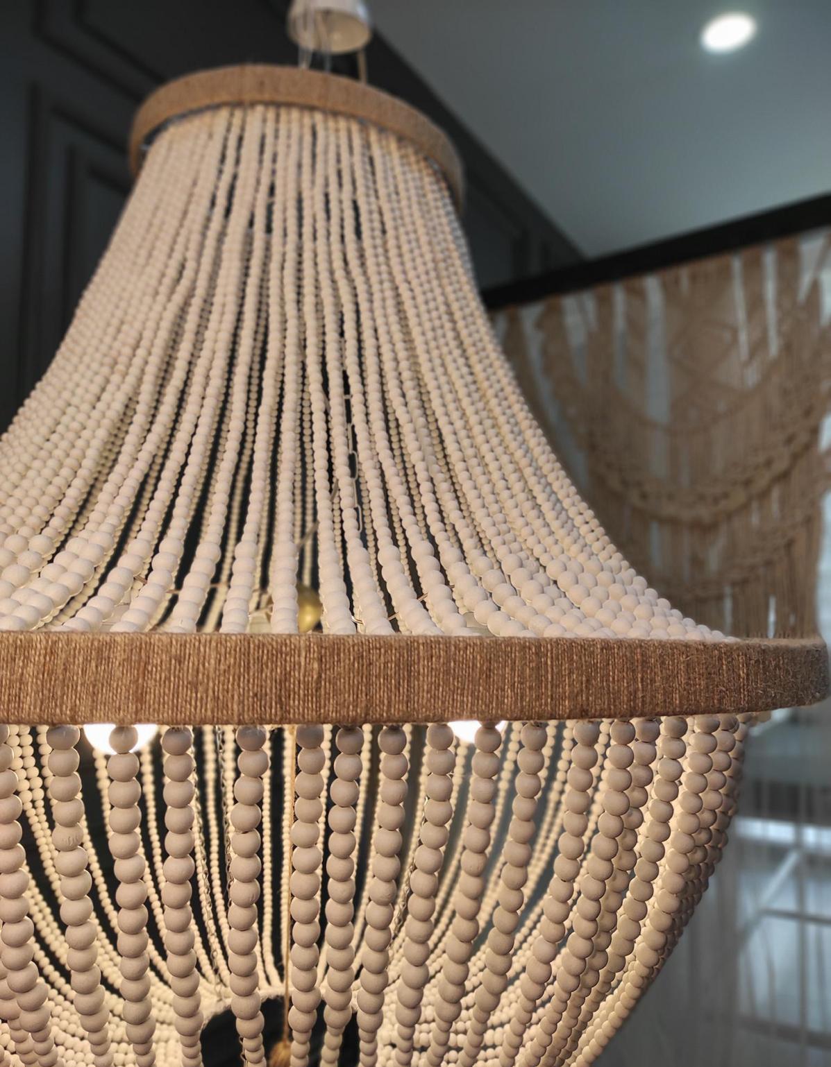 White Beaded Chandelier, Rustic Pendant Light, Farmhouse Light, Modern Living Room Lighting, Nursery Lampshade, Boho Light, Nordic Lighting