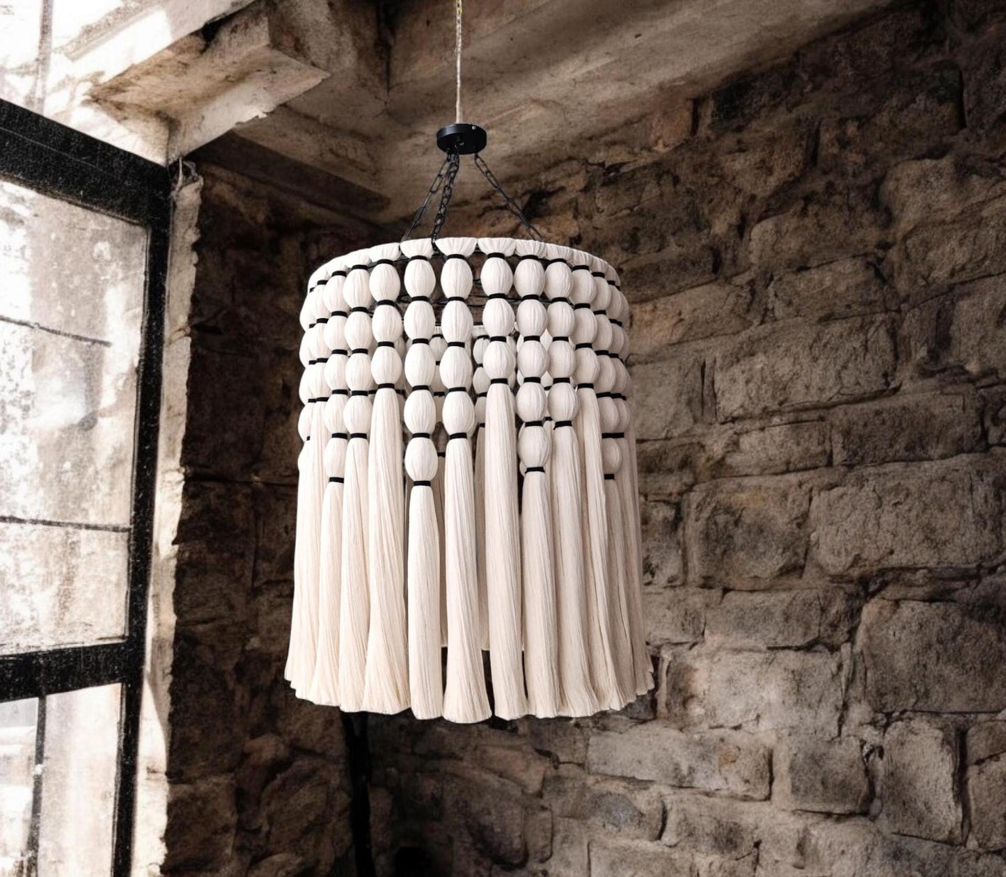 Cotton Tassel Chandelier, Boho Fringe Pendant Lamp, Living Room Lampshade, Unique Ceiling Lamp, Tapestry Design Chandelier.