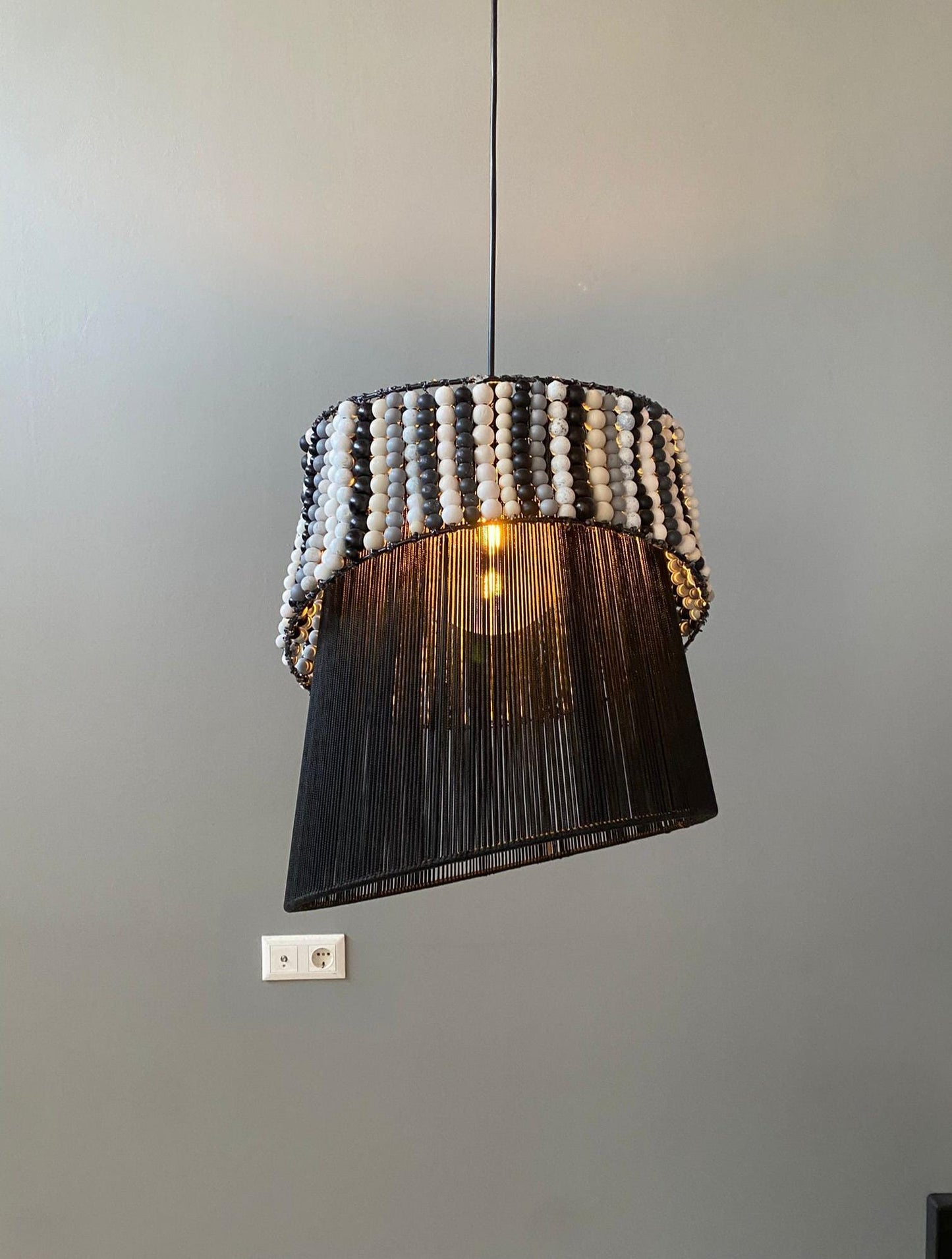 Handmade Asymmetrical Beaded Pendant Light - Modern Black Boho Chandelier, Boho Modern Chandelier, Artistic Fringed Pendant Lighting,