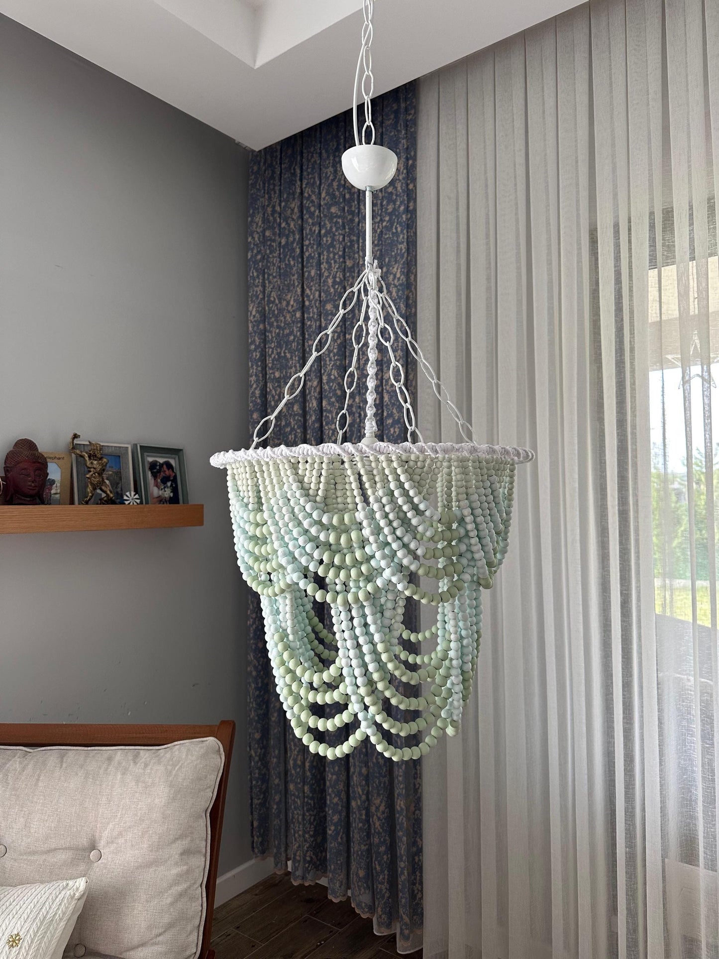 Wooden beaded chandelier in coral colors. Diameter 50 cm living room lighting.