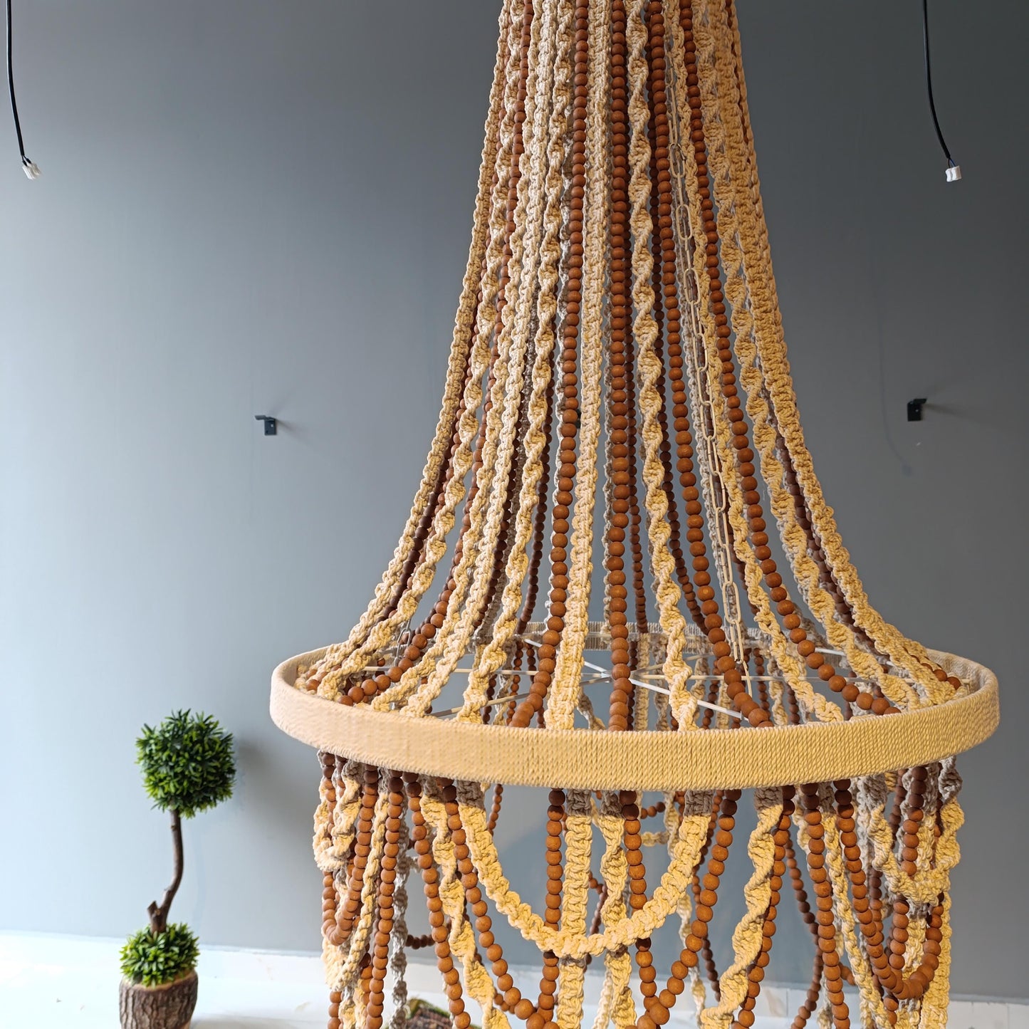 Bohemian Lighting, Rustic Chandelier, Macrame Pendant Light, Modern Living Room Lamp, Large Beaded Light, Farmhouse Light, Housewarming Gift