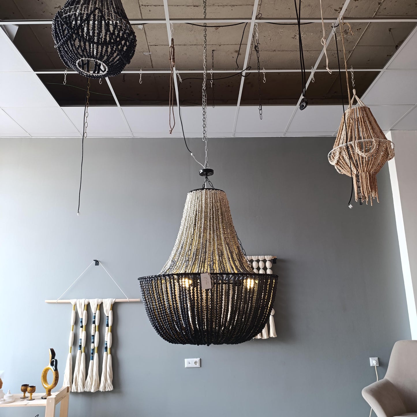 Black Beaded Chandelier, Large Boho Light Fixture, Dining Room Pendant Light, Rustic Farmhouse Lighting, Statement Ceiling Lamp,
