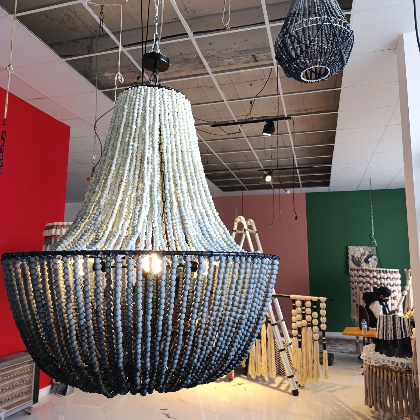 Black Beaded Chandelier, Large Boho Light Fixture, Dining Room Pendant Light, Rustic Farmhouse Lighting, Statement Ceiling Lamp,