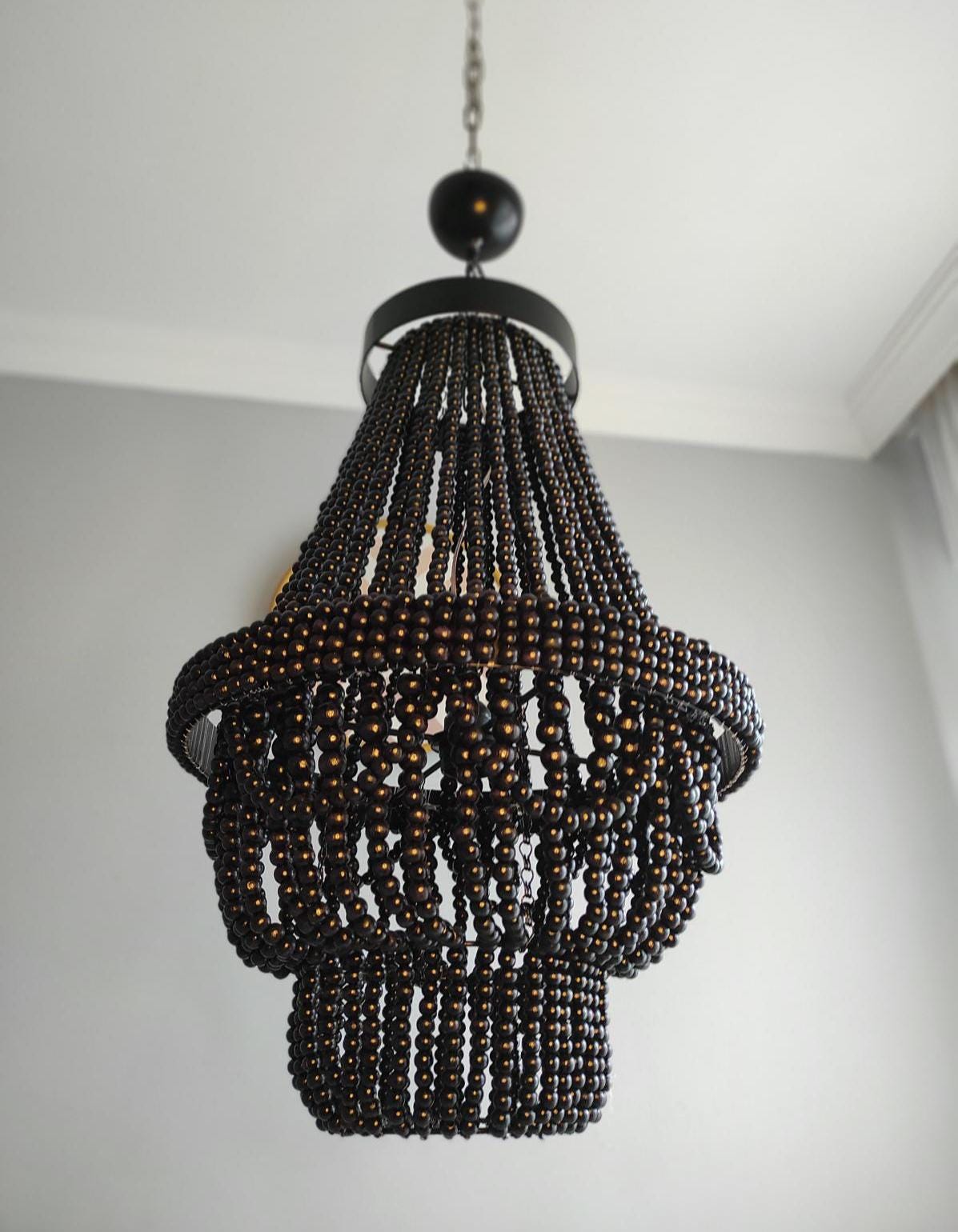 Black Wooden Beaded Chandelier, Beaded Pendant Lamp, Wooden Beaded Lİght ,Living Room Chandelier, Nursery Lampshade, Macrame Pendant Light,
