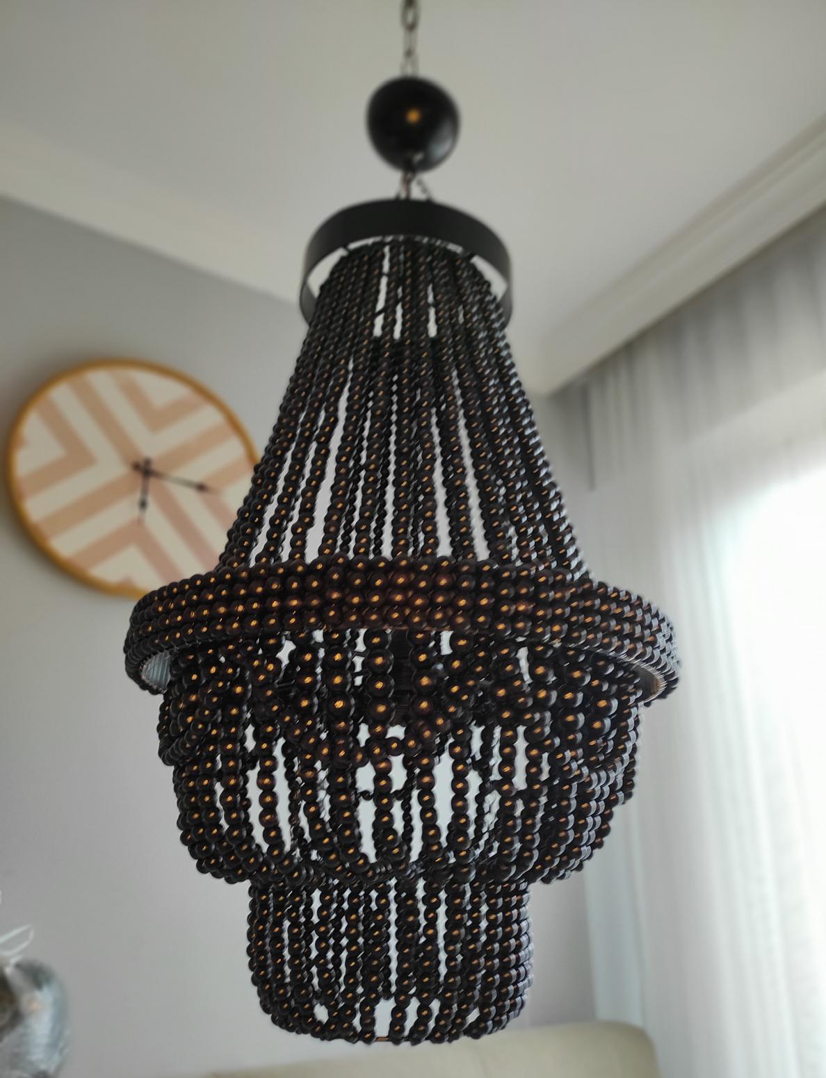 Black Wooden Beaded Chandelier, Beaded Pendant Lamp, Wooden Beaded Lİght ,Living Room Chandelier, Nursery Lampshade, Macrame Pendant Light,