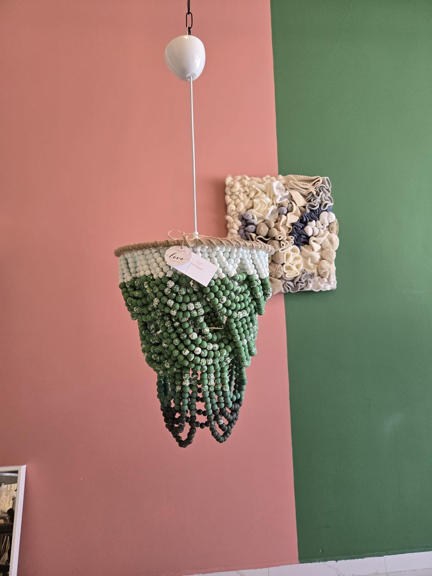 Green Ombre Beaded Chandelier, Hand-Painted Wooden Pendant Light, Modern Boho Lighting, Wooden Beaded Chandelier, Macrame Light Fixture,
