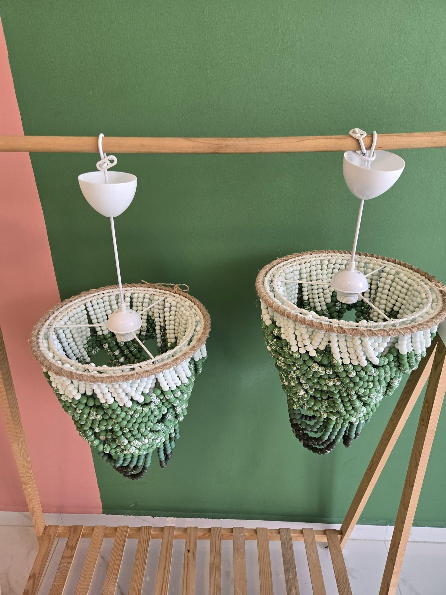 Green Ombre Beaded Chandelier, Hand-Painted Wooden Pendant Light, Modern Boho Lighting, Wooden Beaded Chandelier, Macrame Light Fixture,