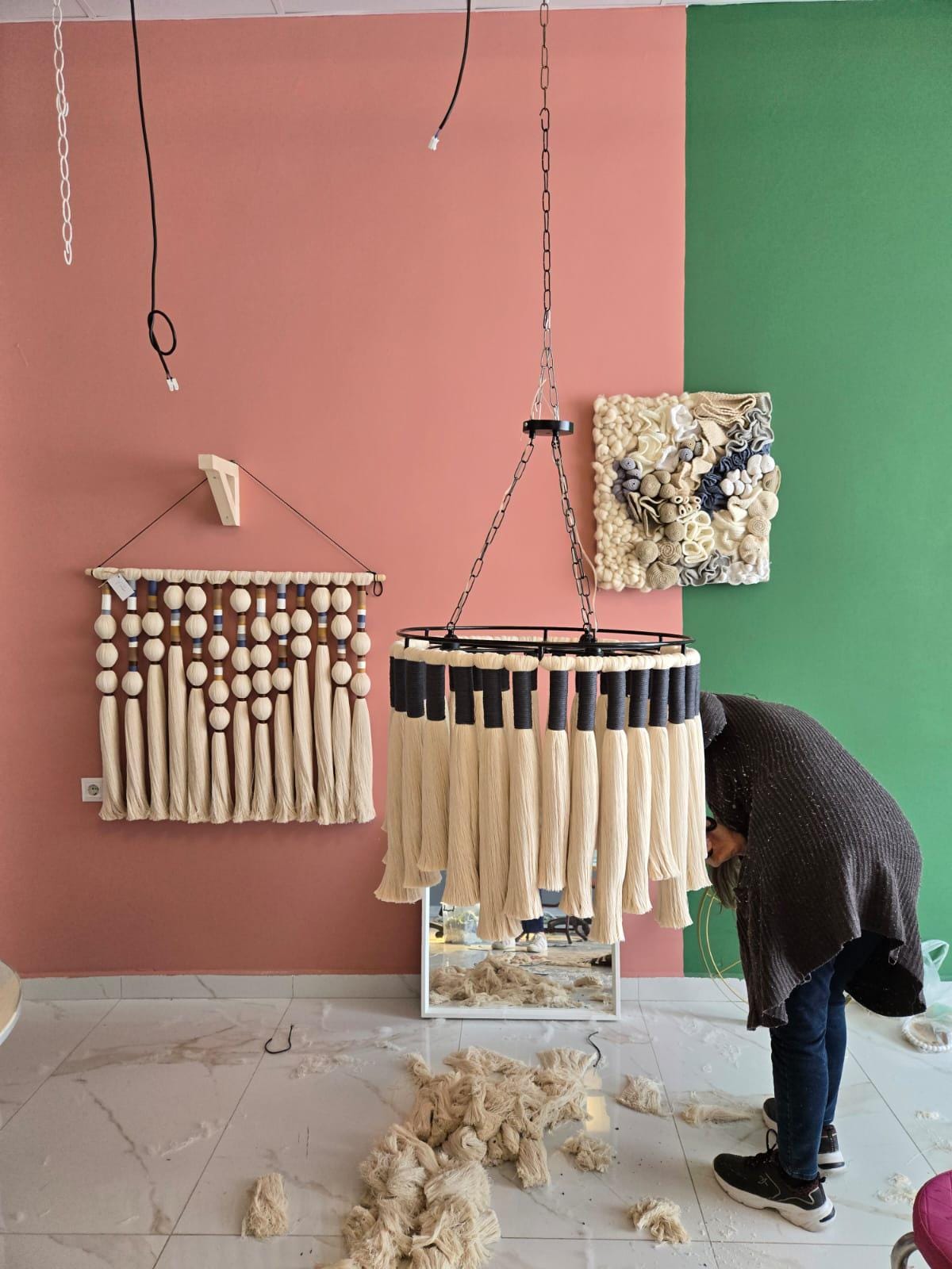 Macrame Chandelier, Boho Light Fixture, 50Cm Boho Ceiling Light, Natural Cotton Pendant Light, Rustic Boho Chandelier, Nursery Lampshade