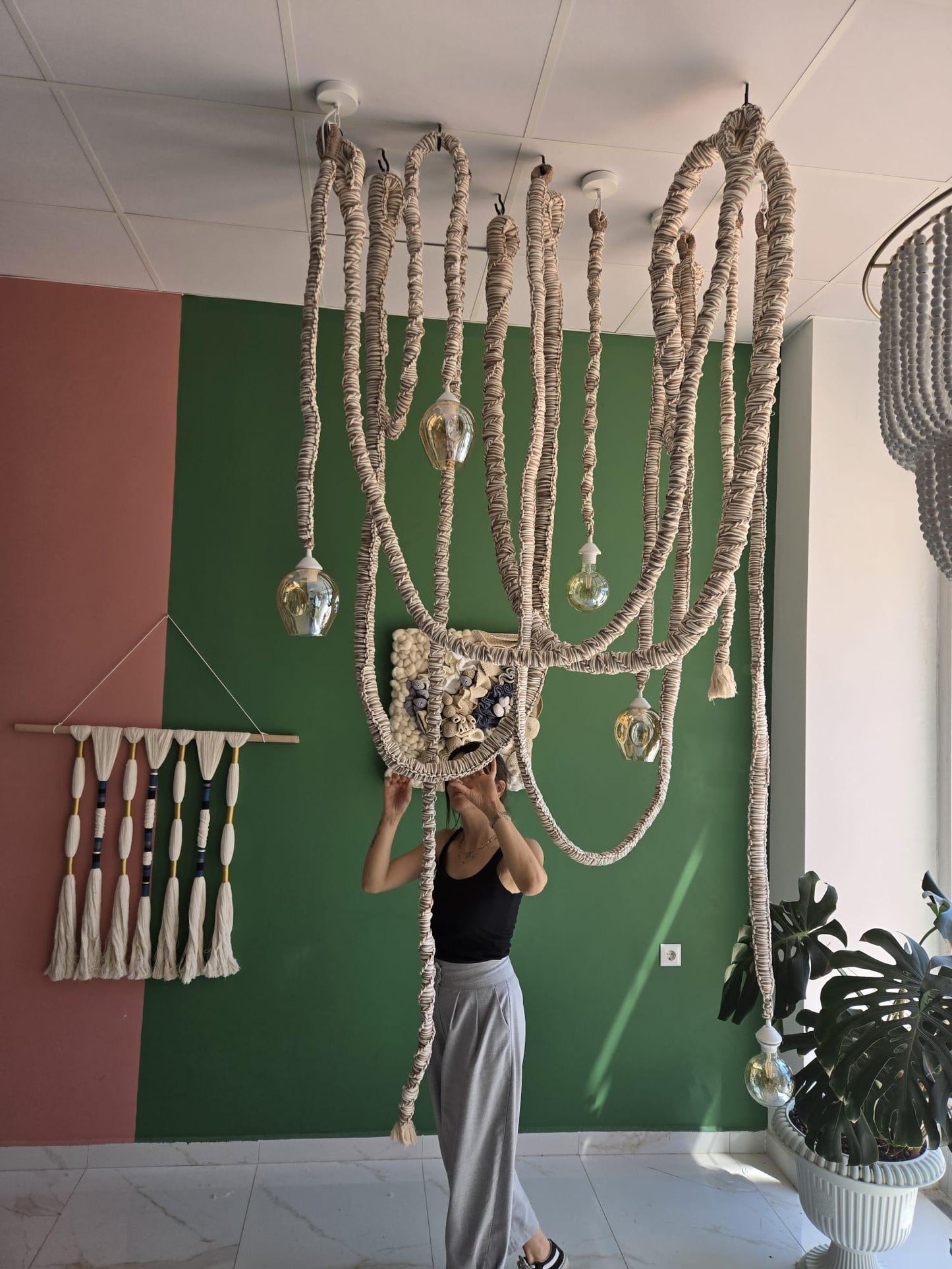 Macrame Chandelier with Glass Shades β 3 or 5 Pendant Light Options β Boho Cord Lamp β Handmade Ceiling Light Fixture,