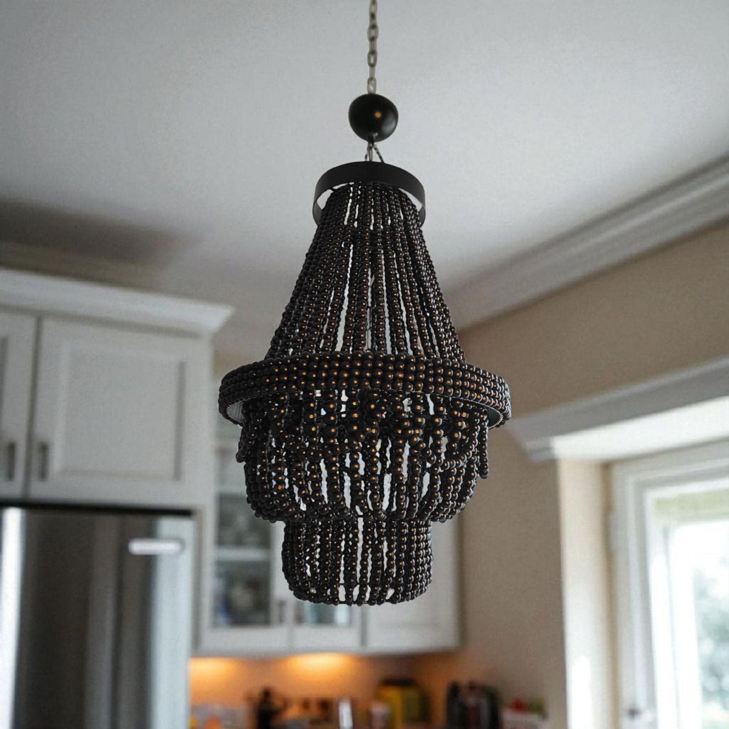 Black Wooden Beaded Chandelier, Beaded Pendant Lamp, Wooden Beaded Lİght ,Living Room Chandelier, Nursery Lampshade, Macrame Pendant Light,