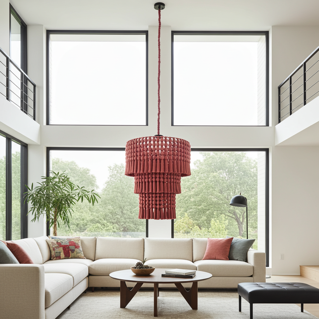 Large Red Boho Chandelier, Handmade Beaded Light Fixture