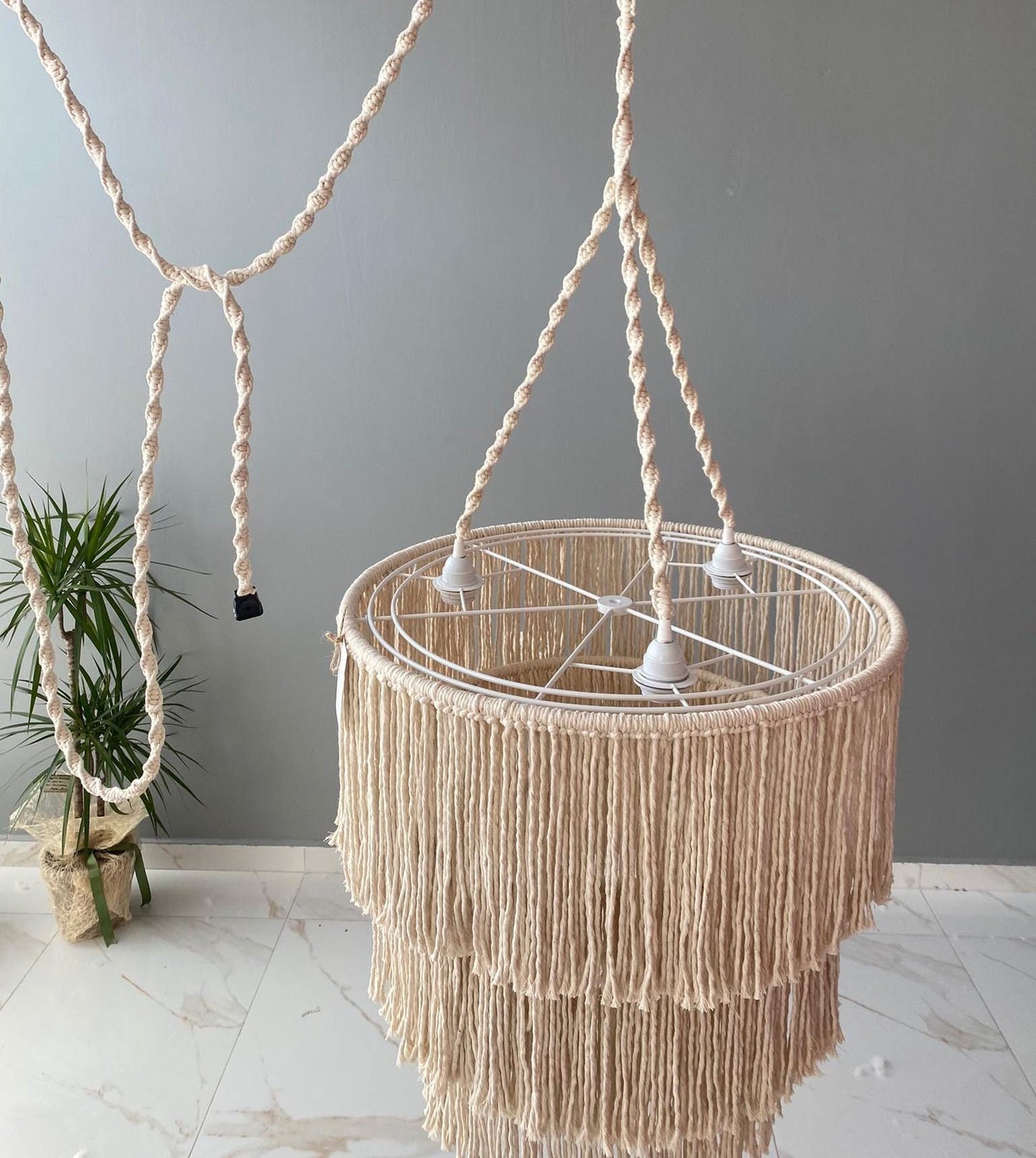 Boho light fixture, Fringe Chandelier, Cotton Fringe Pendant Light, Macrame Lamp Shade, Nursery Chandelier, Tassel Lighting,