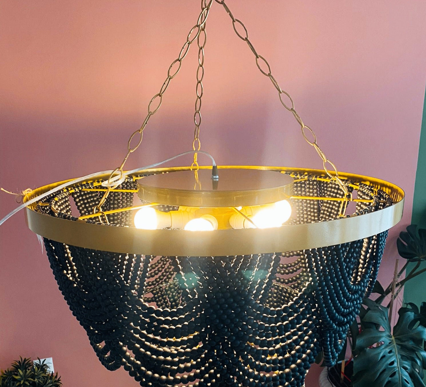 Black Beaded Handmade Bohemian Macrame Chandelier - Gold Framed Modern Ceiling Lamp, Stylish Living Room Lighting, Dining Room Light,