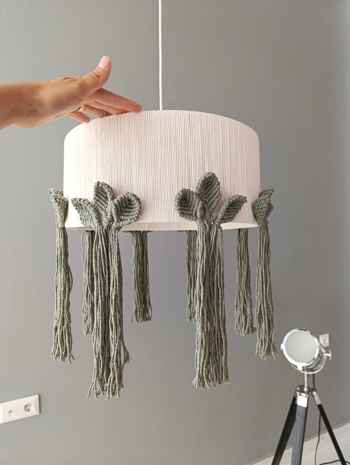 Green Flower Macrame Chandelier, Children's Boho Chandelier, Flower Lamp, Woven Ceiling Fixture, Children's Room Lampshade, Baby Room Lamp