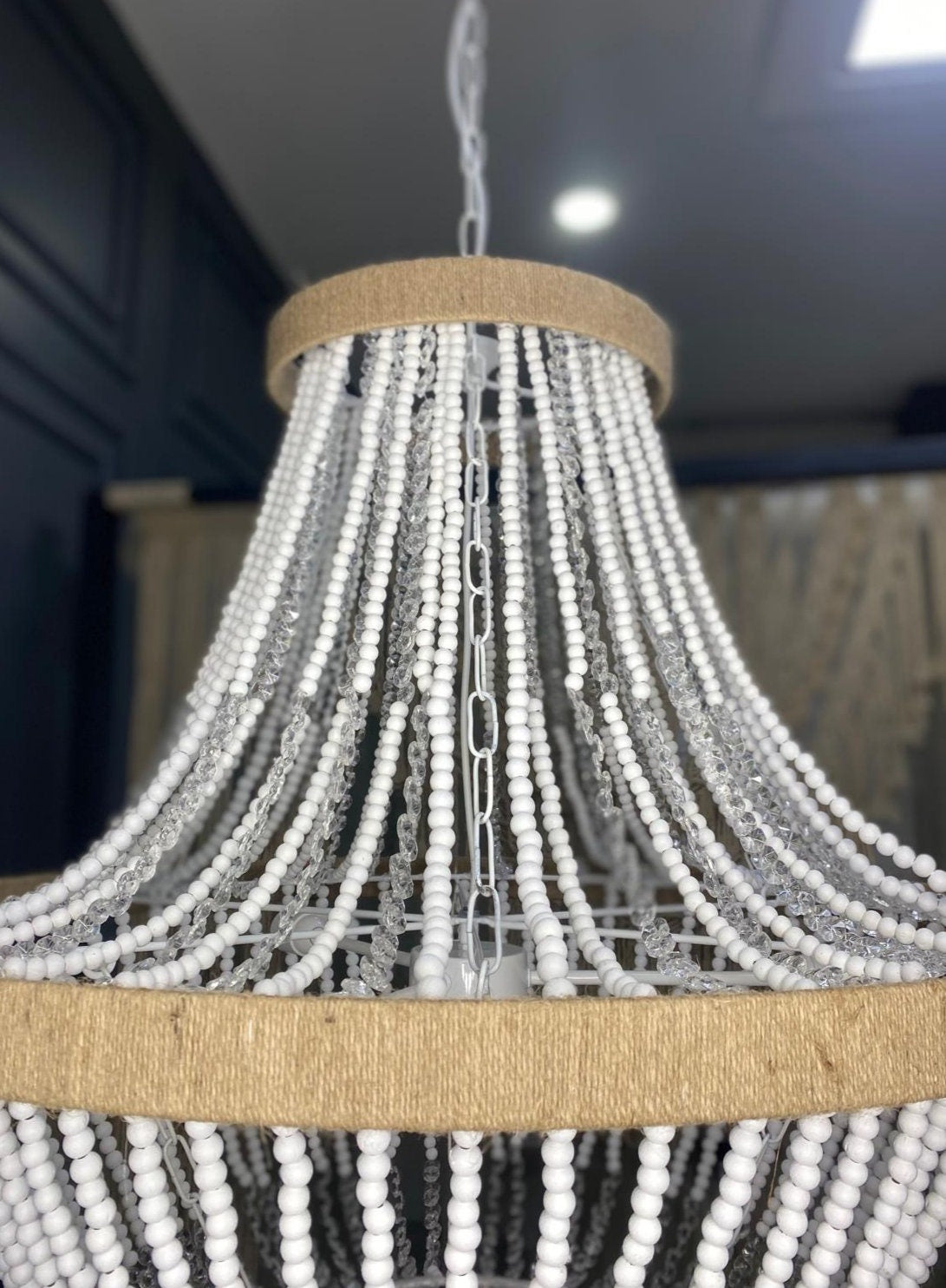 Handmade Boho Chandelier with Wood and Crystal Beads, Rustic Pendant Ligth for Living Room, Dining Room Light, Bedroom Decor,