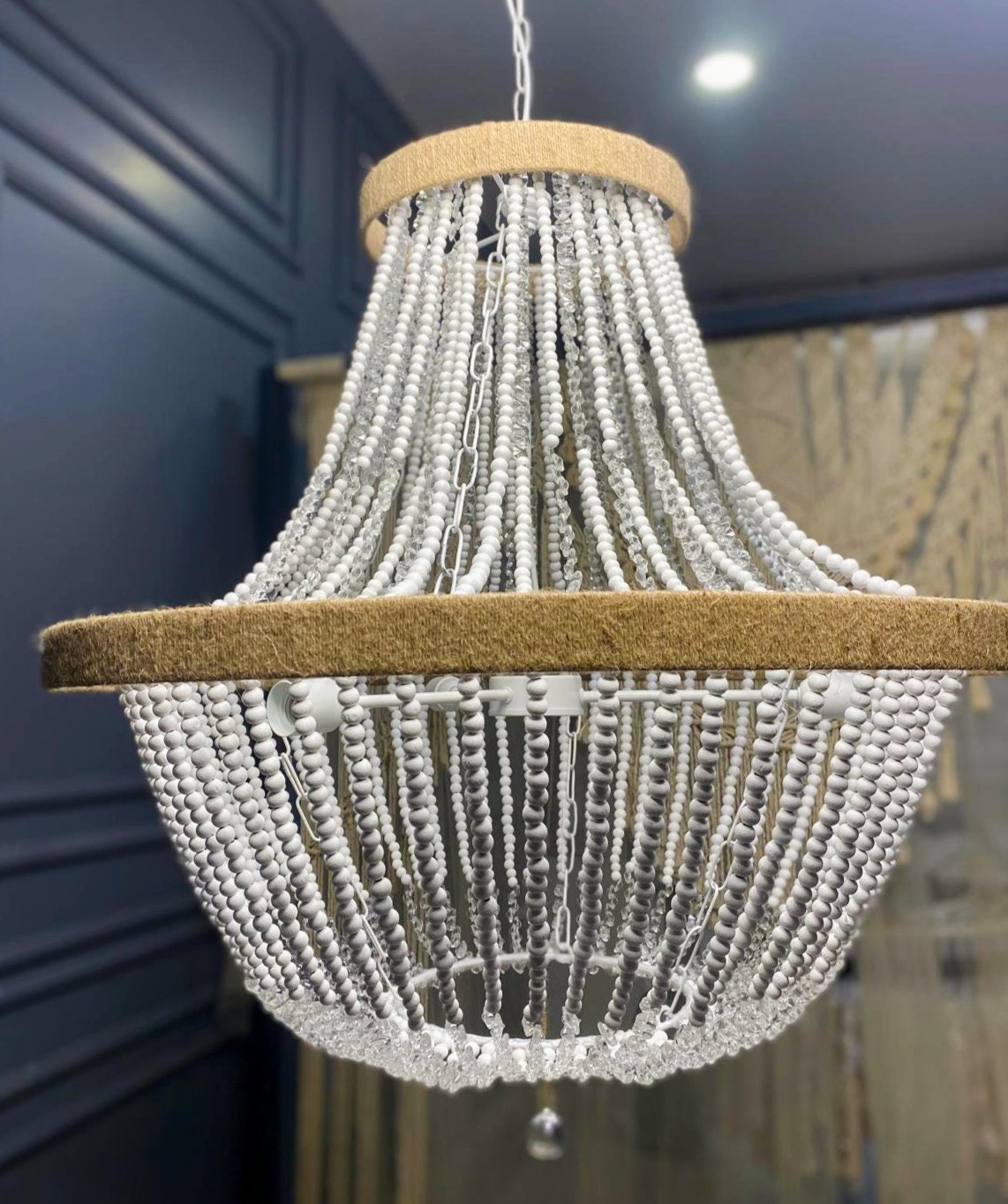 Handmade Boho Chandelier with Wood and Crystal Beads, Rustic Pendant Ligth for Living Room, Dining Room Light, Bedroom Decor,