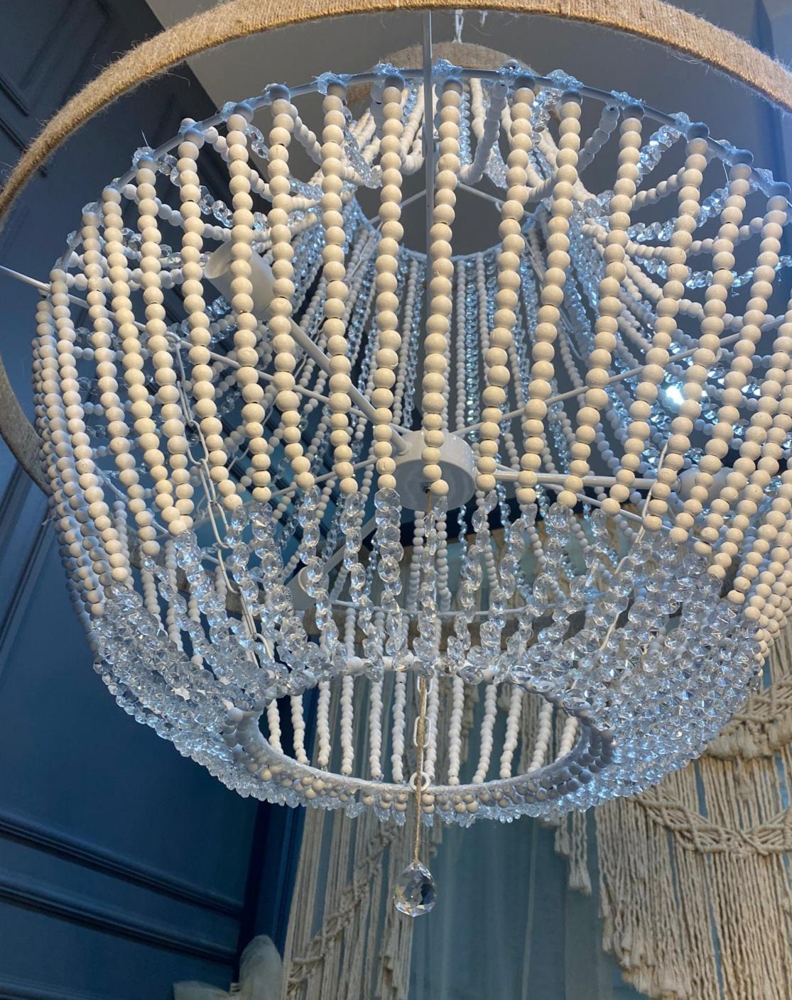 Handmade Boho Chandelier with Wood and Crystal Beads, Rustic Pendant Ligth for Living Room, Dining Room Light, Bedroom Decor,