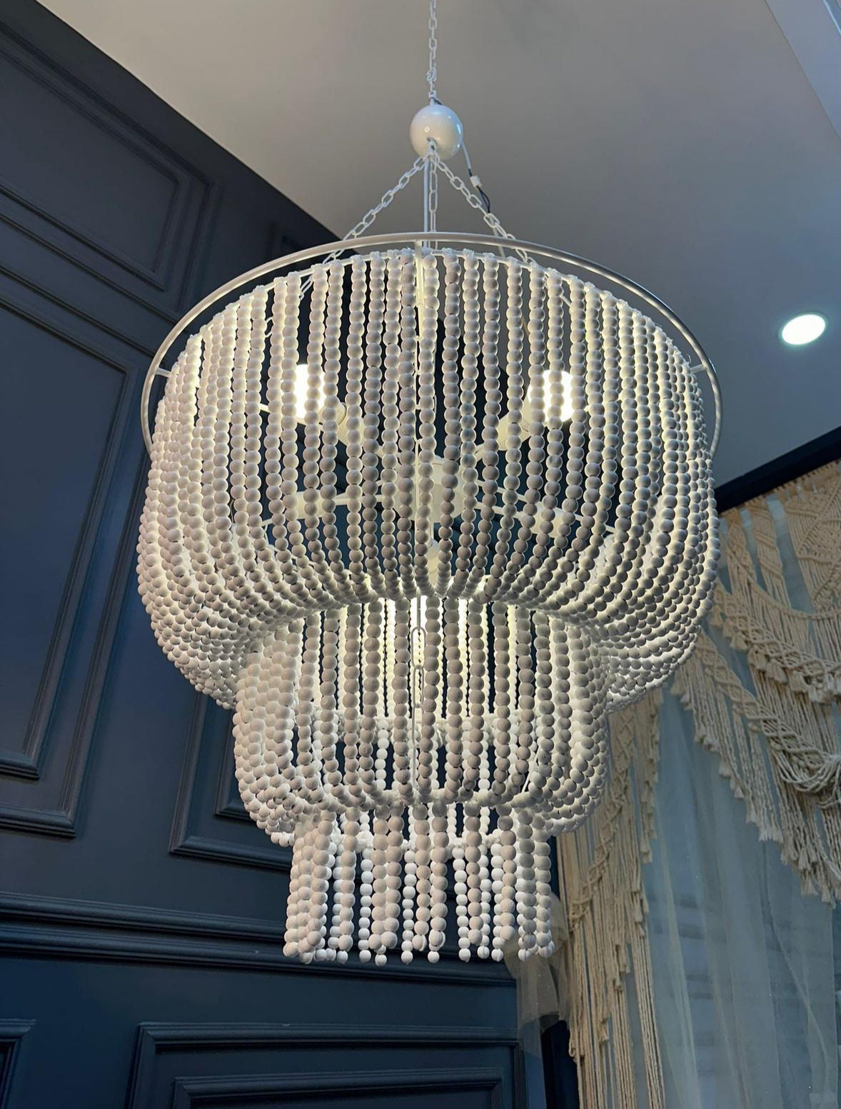 White Bead Chandelier, Modern Living Room Ligh, Wedding Decor, Beaded Lighting, Wood Pendant Light, Unique Ceiling Light, Rustic Chandelier,