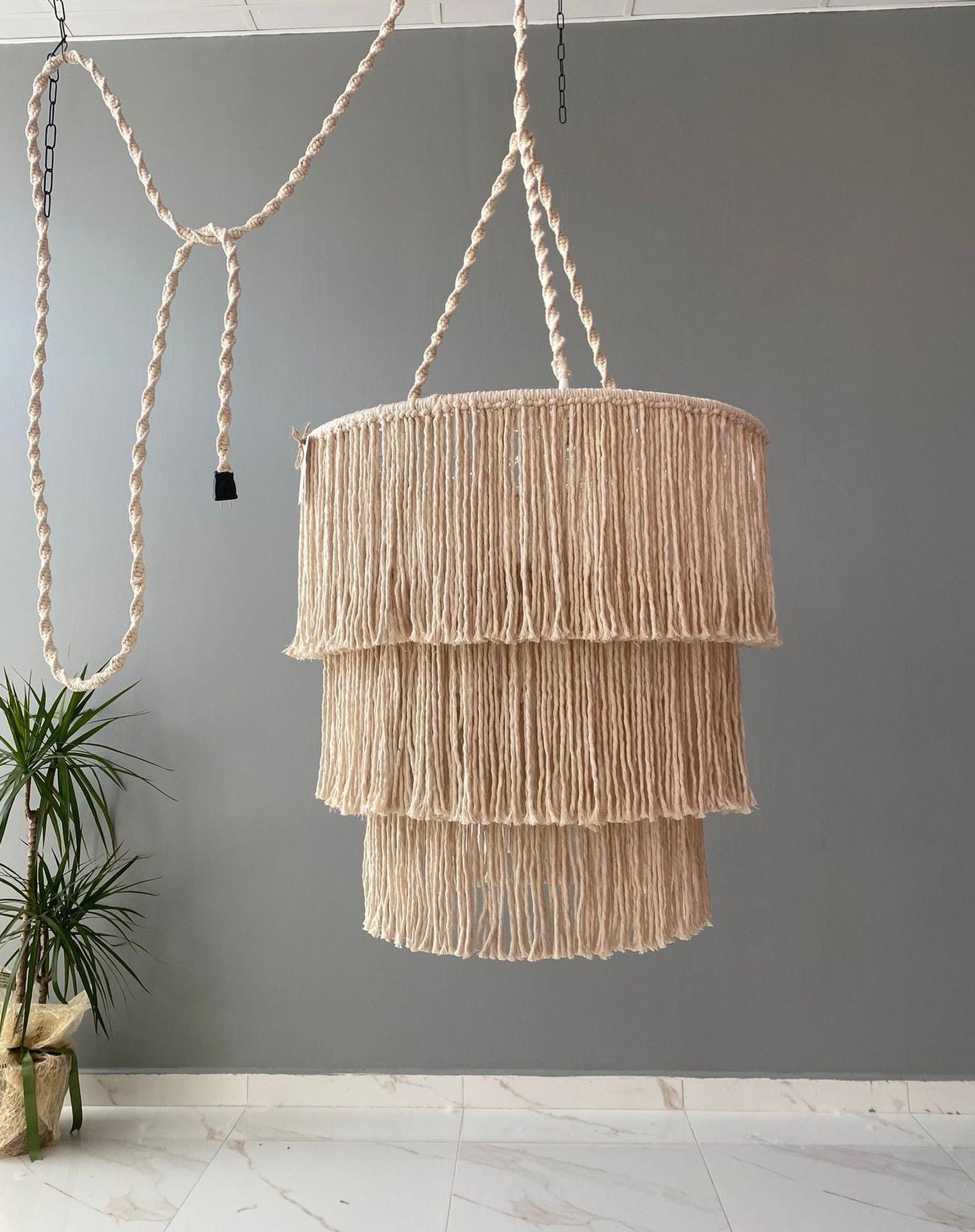 Boho light fixture, Fringe Chandelier, Cotton Fringe Pendant Light, Macrame Lamp Shade, Nursery Chandelier, Tassel Lighting,