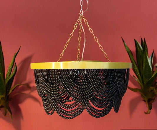 Black Beaded Handmade Bohemian Macrame Chandelier - Gold Framed Modern Ceiling Lamp, Stylish Living Room Lighting, Dining Room Light,