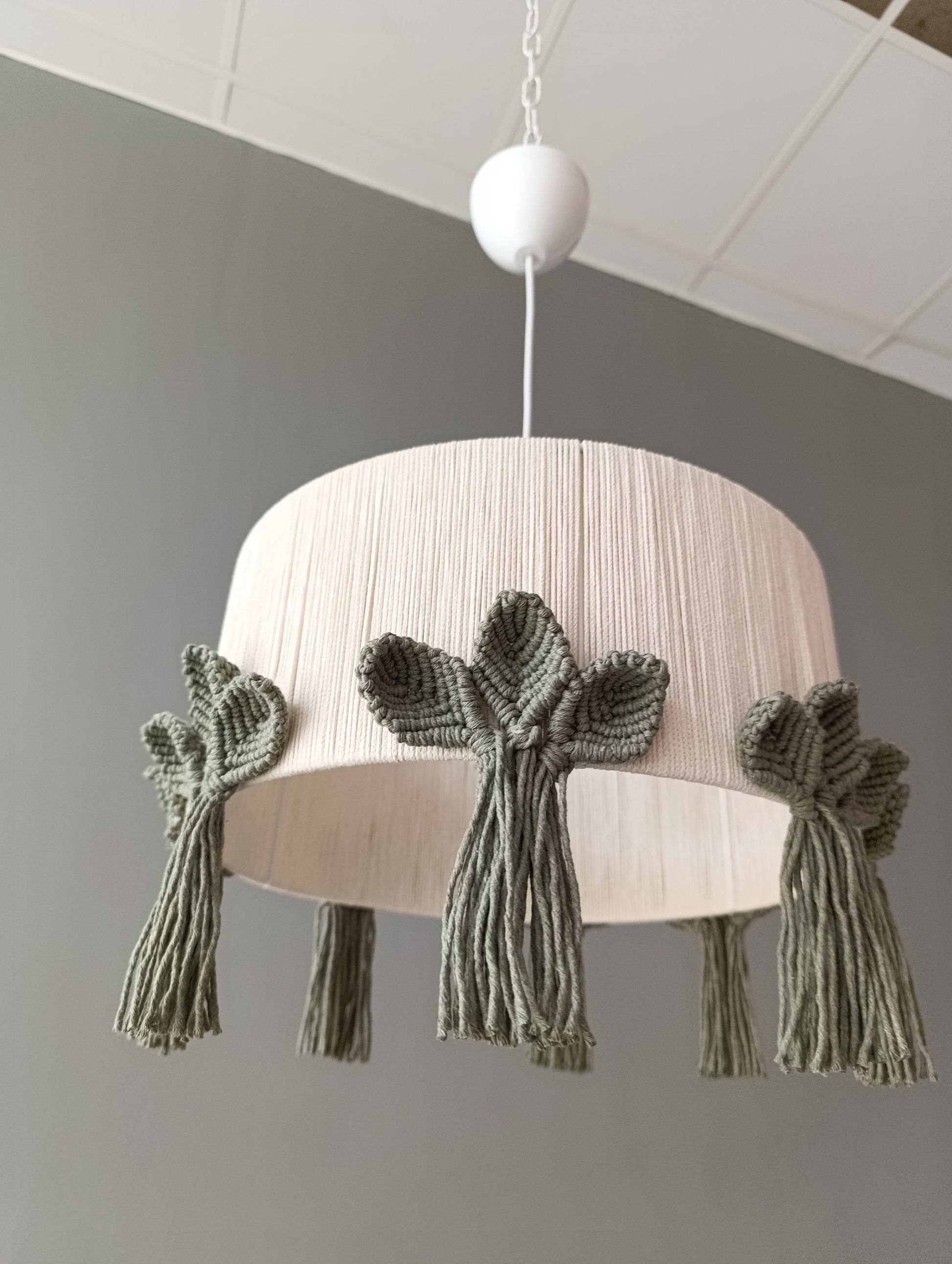 Green Flower Macrame Chandelier, Children's Boho Chandelier, Flower Lamp, Woven Ceiling Fixture, Children's Room Lampshade, Baby Room Lamp