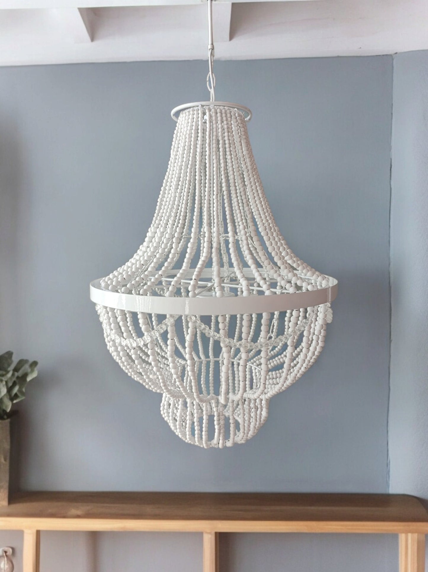 Beaded Chandelier, White Wood Bead Lİghting, Nordic Style Light, Rustic Chandelier, Nursery Lampshade, Unique Ceiling light, Wedding Decor