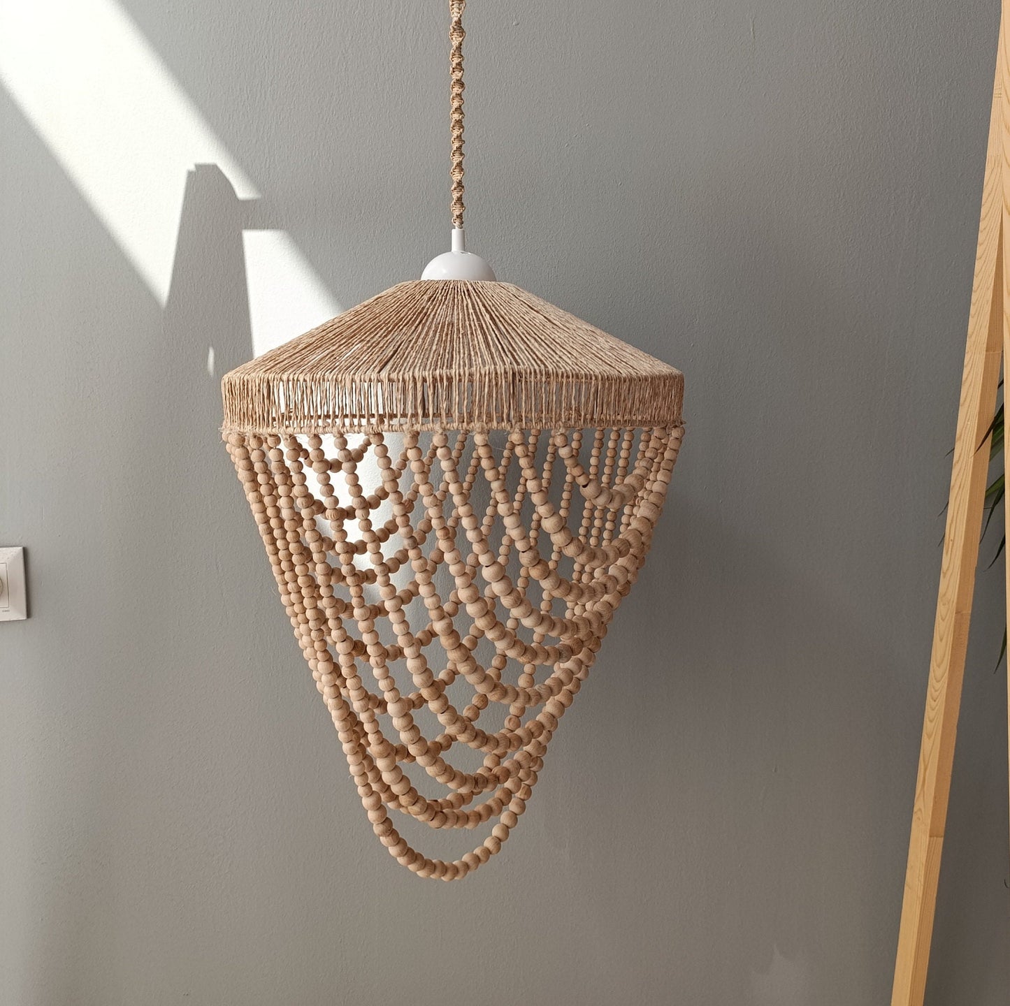 Boho Lighting, Raffia Pendant Light, Beaded Chandelier, Nordic Style Light, Nursery Lampshade, Kids and Living Room Light, Boho Home Decor