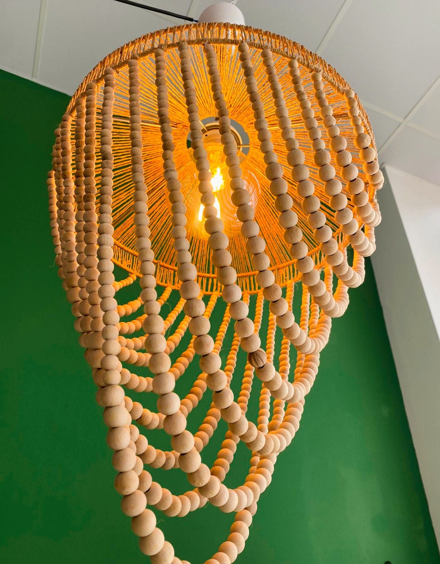 Boho Lighting, Raffia Pendant Light, Beaded Chandelier, Nordic Style Light, Nursery Lampshade, Kids and Living Room Light, Boho Home Decor