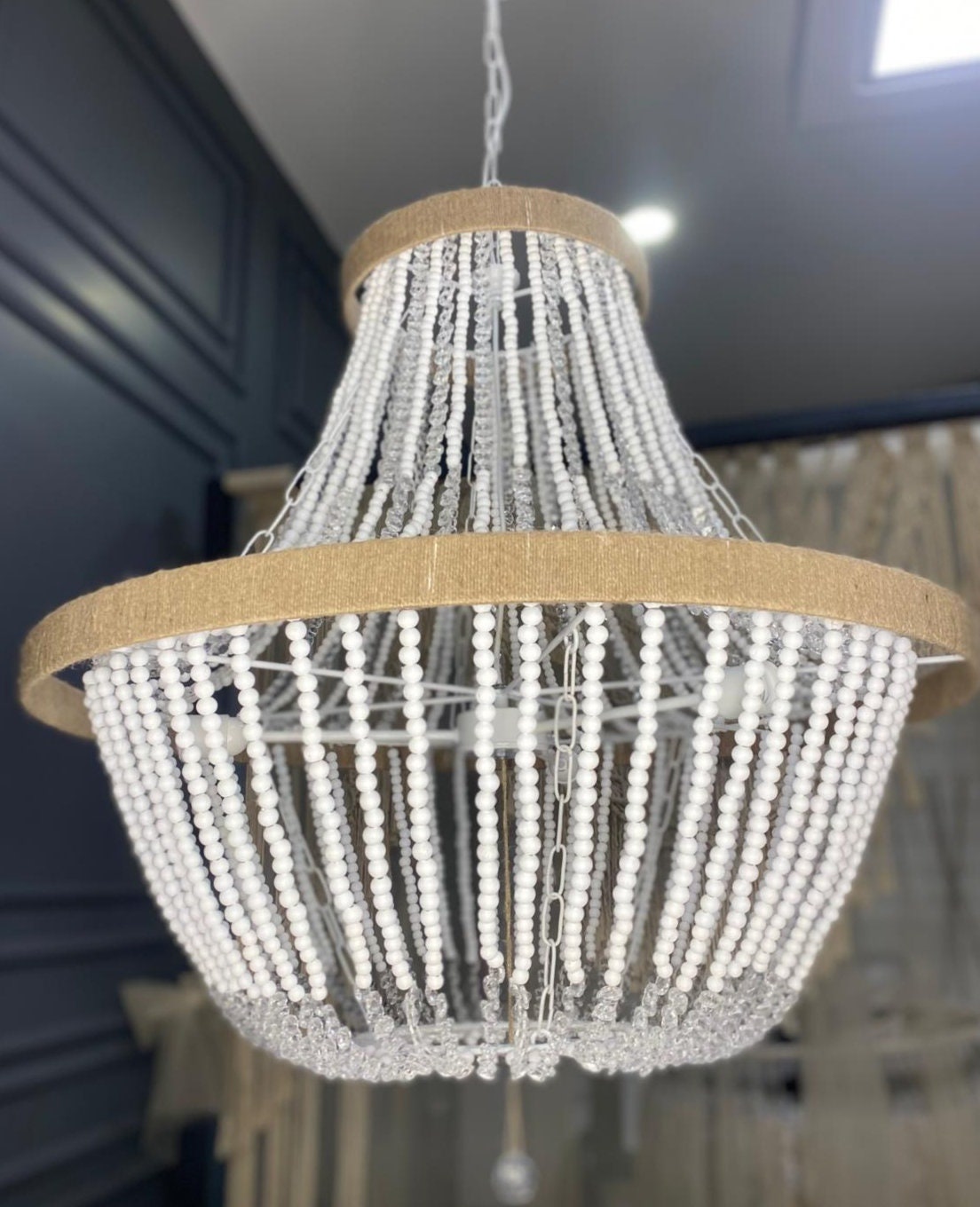 Handmade Boho Chandelier with Wood and Crystal Beads, Rustic Pendant Ligth for Living Room, Dining Room Light, Bedroom Decor,