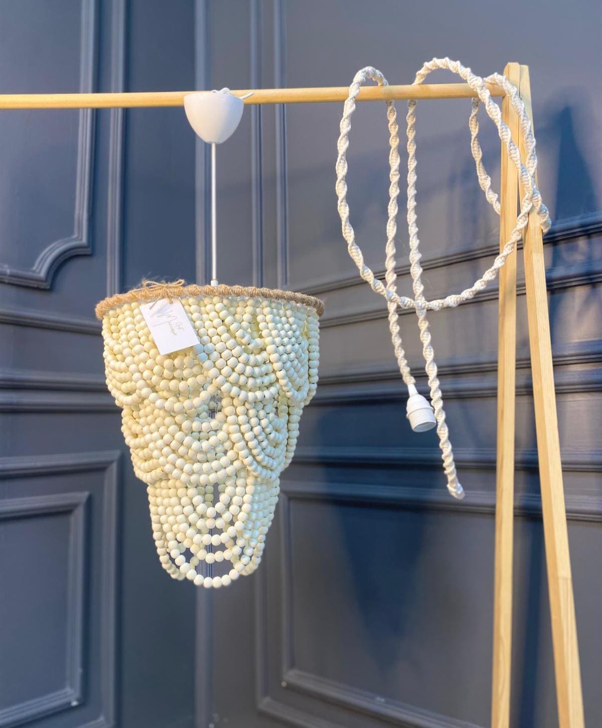 Blue Ombre Beaded Chandelier - Boho Wooden Lampshade for Nursery & Beach House Decor - Rustic Lighting by JKLBoho