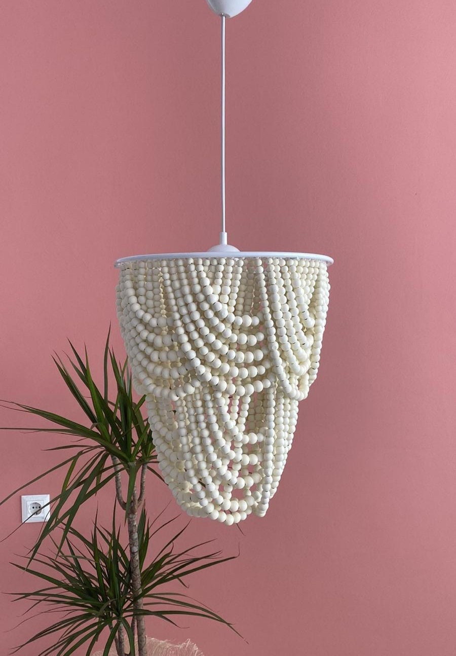 Boho Light, Wood Bead Chandelier, Rustic Pendant Light, Farmhouse Light, Nursery Lampshade, Beach House Decor, Garden Lighting