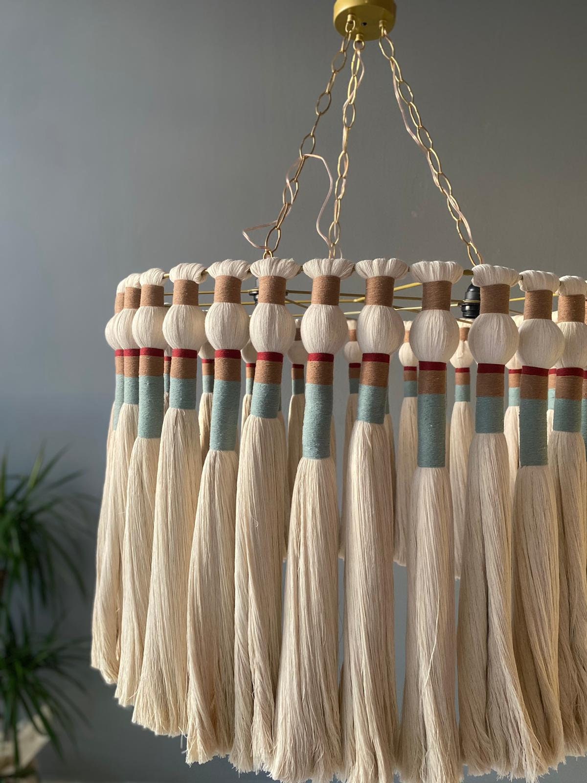 Tassel Chandelier, Macrame Pendant Light, Cotton Fringe Chandelier, Rustic Lampshade, Modern Boho Light, Living Room Light, Christmas gift,