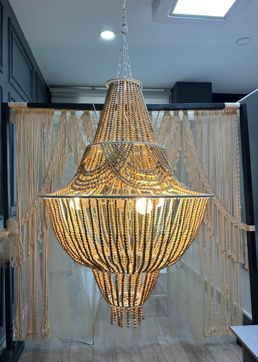 Modern Boho Light, Wood Bead Pendant Light, Beach House Light, Rustic Chandelier, Outdoor Lighting, Christmas Gift, Farmhouse Lighting,