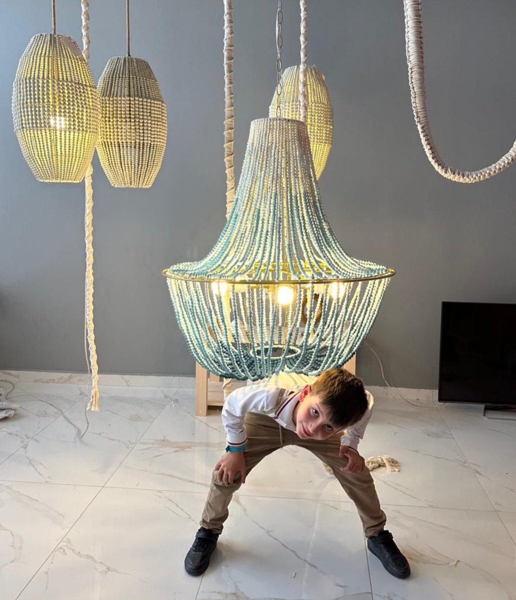 Blue Beaded Chandelier, Modern Dining Room Light, Boho Lighting, Beach House Light, Rustic Lampshade, Outdoor Light, Wedding Boho Light