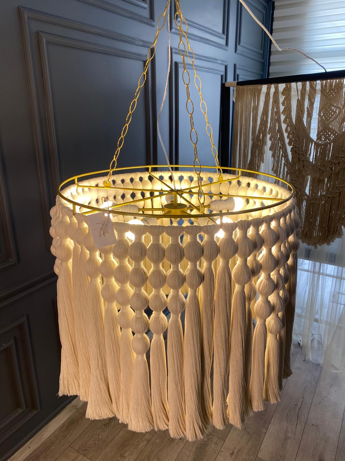 Cotton Tassel Chandelier, Boho Fringe Pendant Light, Modern Boho Light, Living Room Light, Macrame Chandelier, Tapestry Design Chandelier,