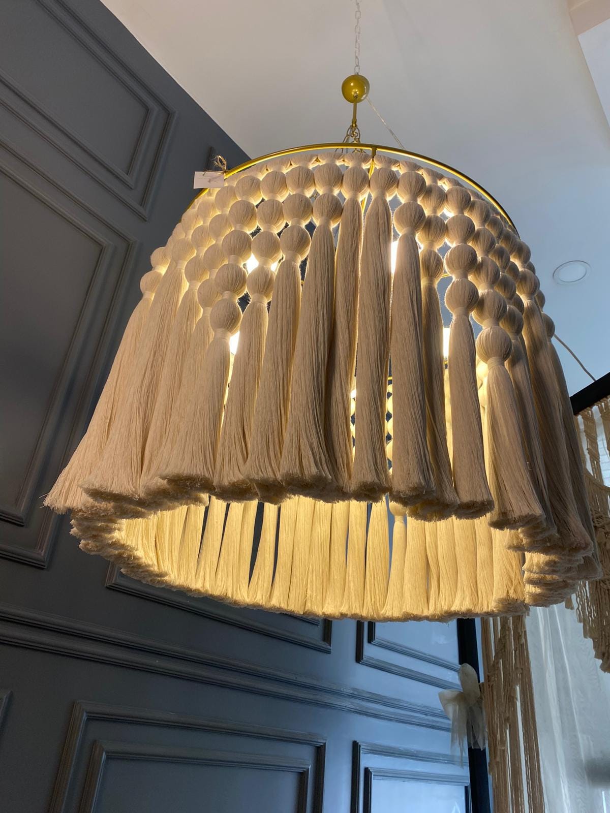 Cotton Tassel Chandelier, Boho Fringe Pendant Light, Modern Boho Light, Living Room Light, Macrame Chandelier, Tapestry Design Chandelier,