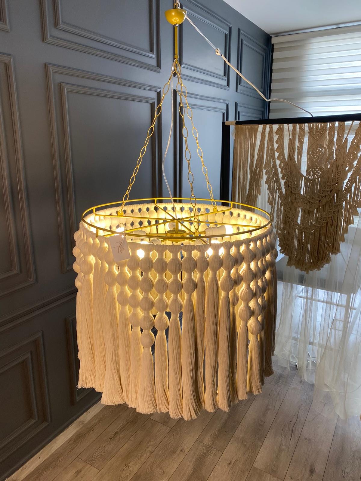 Cotton Tassel Chandelier, Boho Fringe Pendant Light, Modern Boho Light, Living Room Light, Macrame Chandelier, Tapestry Design Chandelier,