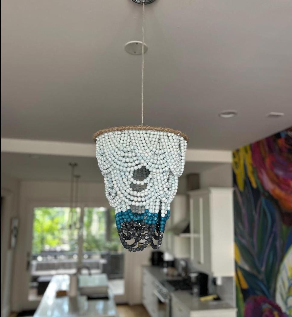 Blue Ombre Beaded Chandelier - Boho Wooden Lampshade for Nursery & Beach House Decor - Rustic Lighting by JKLBoho