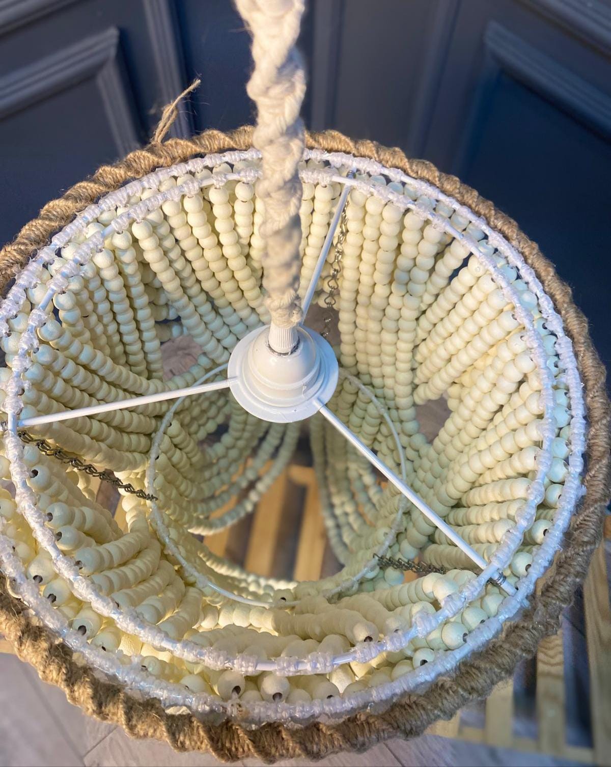 Blue Ombre Beaded Chandelier - Boho Wooden Lampshade for Nursery & Beach House Decor - Rustic Lighting by JKLBoho