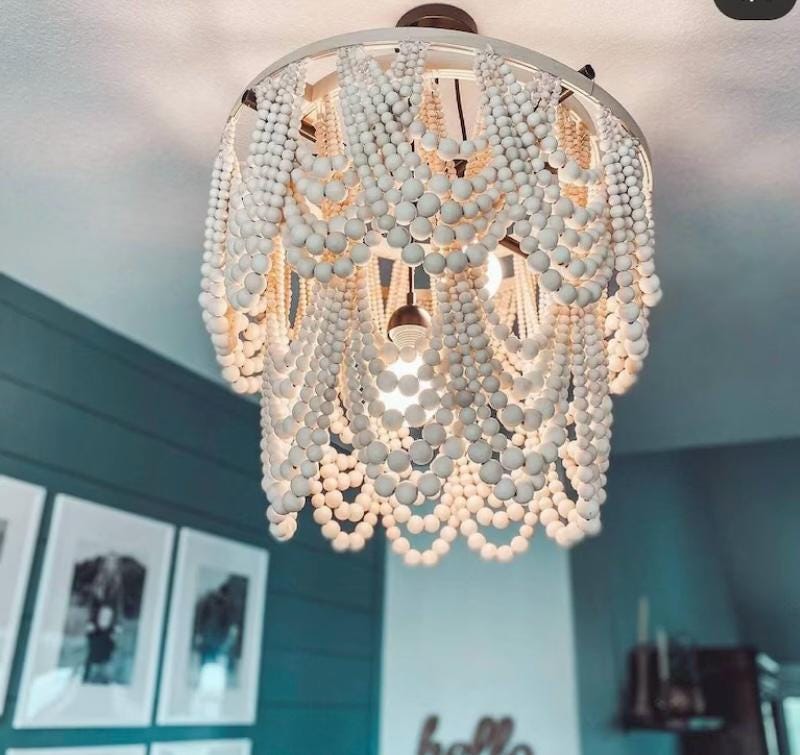 Beaded Chandelier, Wooden Beaded Light, Beach House Decor, Nursery Lampshade, Wooden Bead Decor, Rustic Light Fixture, Modern Boho Light,