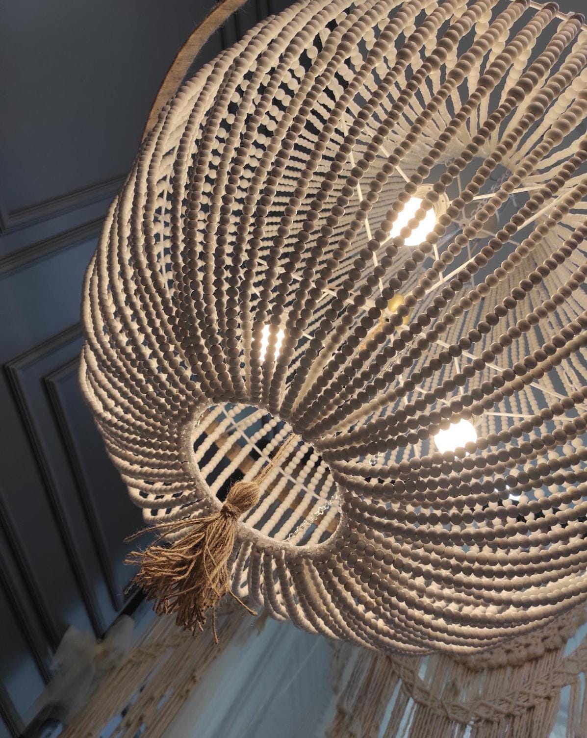 White Beaded Chandelier, Rustic Pendant Light, Farmhouse Light, Modern Living Room Lighting, Nursery Lampshade, Boho Light, Nordic Lighting