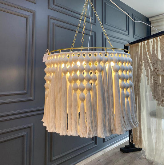 Cotton Tassel Chandelier, Boho Fringe Pendant Light, Modern Boho Light,  Living Room Light, Macrame Chandelier, Tapestry Design Chandelier,