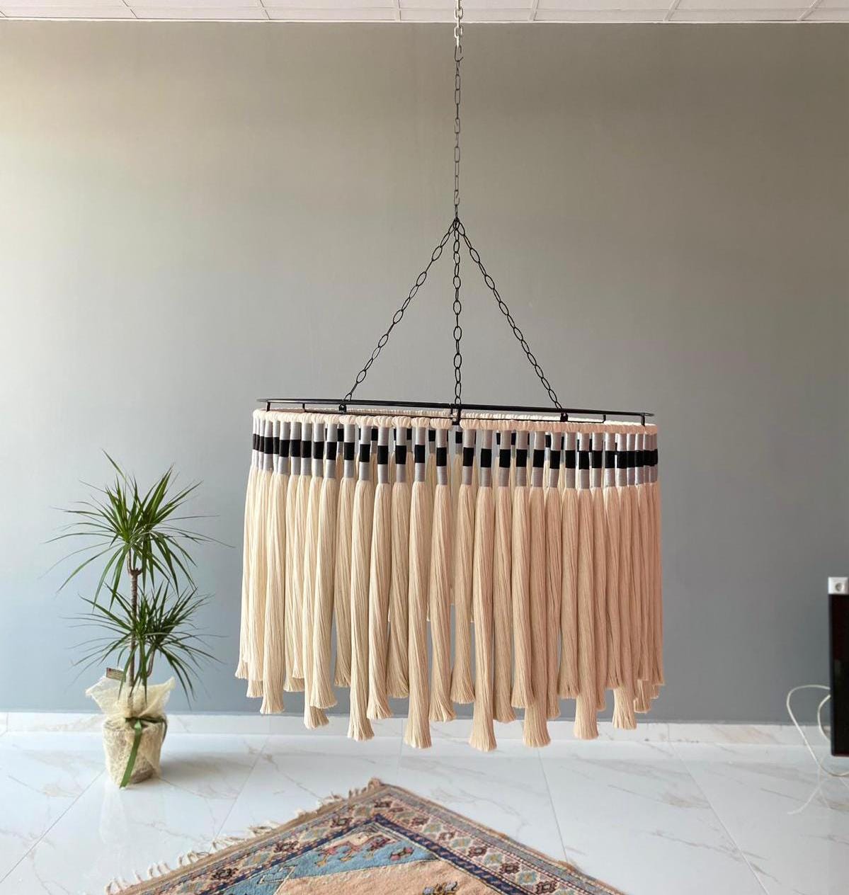 Cotton Tassel Pendant Light, Bohemian Light, Modern Macrame Light, Organic Home Decor, Custom Macrame Chandelier, Woven Chandelier,