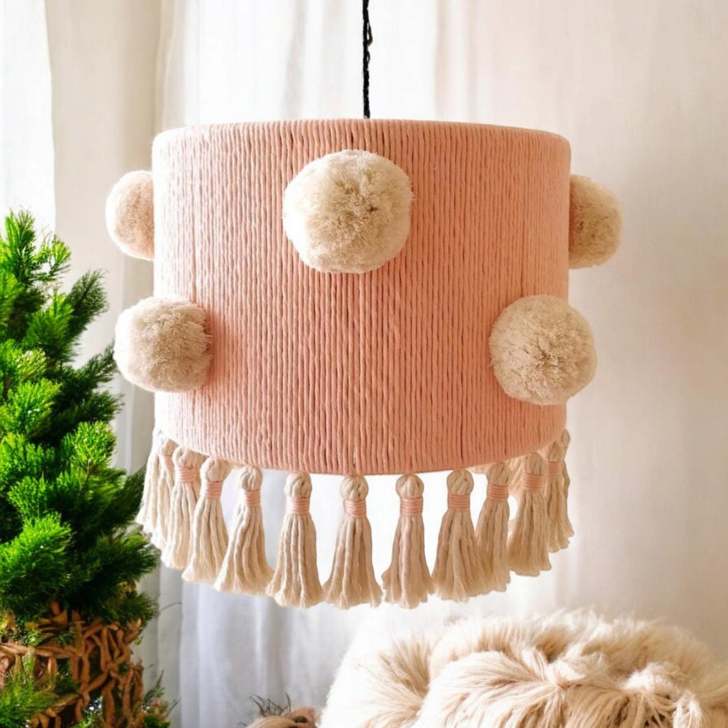 Modern Nursery Decor, Nursery Lighting, Cozy Bedroom light, Soft Linen Lampshade, Macrame Chandelier, Tassel Lighting, Custom Light Fixture,