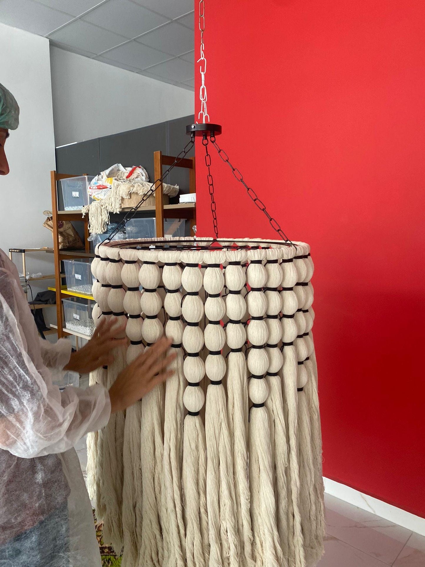 Cotton Tassel Chandelier, Boho Fringe Pendant Lamp, Living Room Lampshade, Unique Ceiling Lamp, Tapestry Design Chandelier.