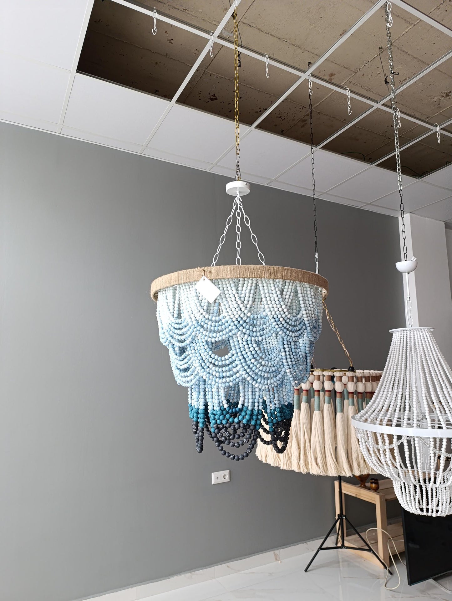 Blue Ombre Beaded Chandelier, Beaded Chandelier, Boho Lighting, Wooden Lampshade, Nursery Lampshade, Hallowen Gift, Beach House Light,