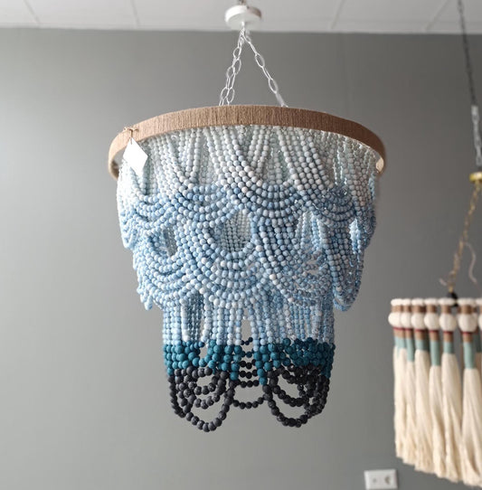 Blue Ombre Beaded Chandelier, Beaded Chandelier, Boho Lighting, Wooden Lampshade, Nursery Lampshade, Hallowen Gift, Beach House Light,